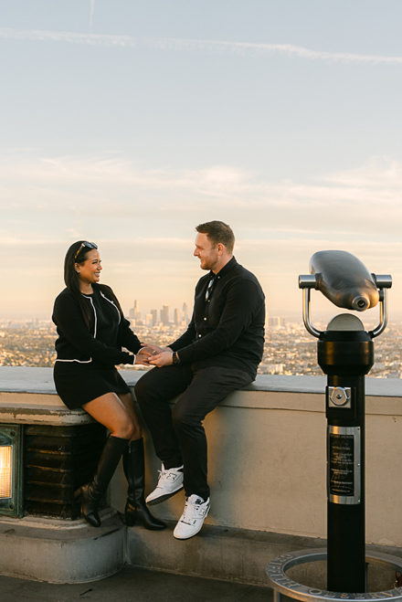 Romantic surprise proposal at Griffith Observatory, capturing the emotional “yes” moment with stunning city views by California’s best proposal photographer.