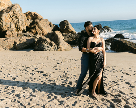 Romantic engagement photoshoot at Malibu Beach, capturing the love and connection of a newly engaged couple with breathtaking ocean views by California’s best engagement photographer.