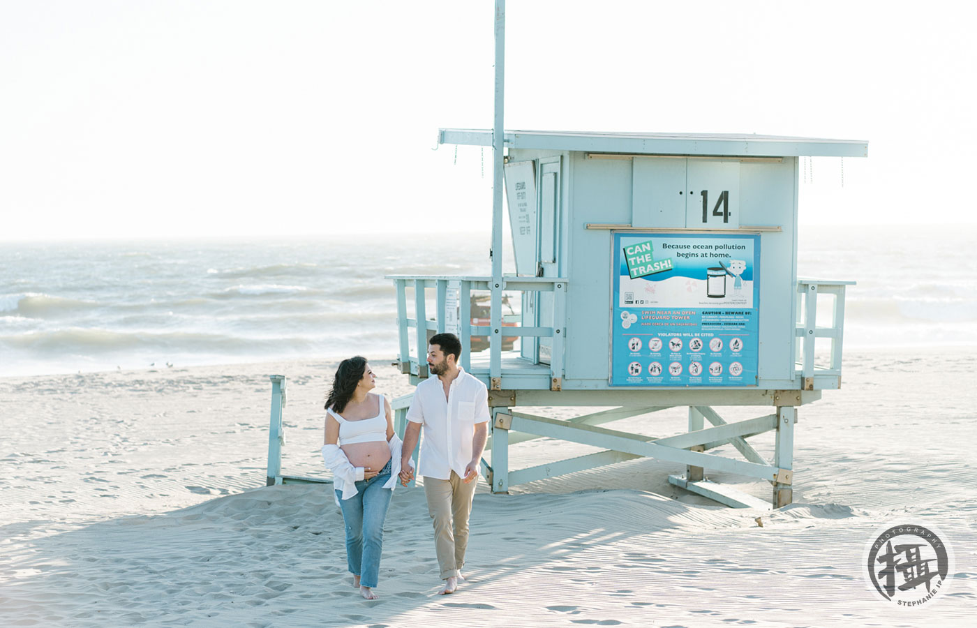 Beach maternity photo session at golden hour in Santa Monica, featuring natural light and artistic lifestyle portraits.