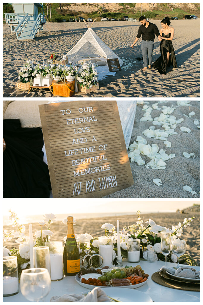 Point Dume Beach Surprise Picnic Proposal and Engagement | Jaipreen & Ajit