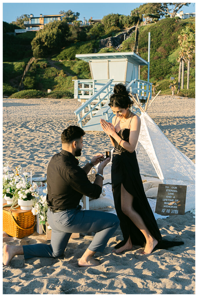 Point Dume Beach Surprise Picnic Proposal and Engagement | Jaipreen & Ajit