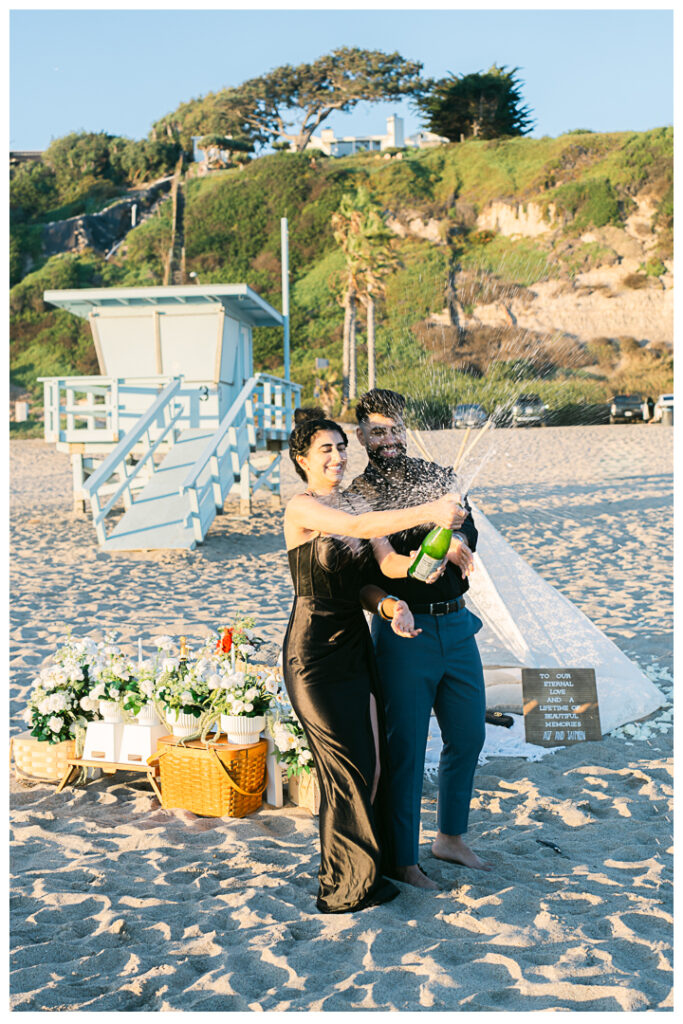 Point Dume Beach Surprise Picnic Proposal and Engagement | Jaipreen & Ajit