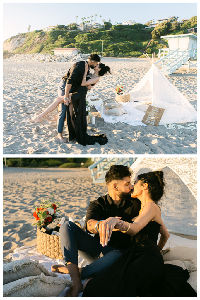 Point Dume Beach Surprise Picnic Proposal and Engagement | Jaipreen & Ajit