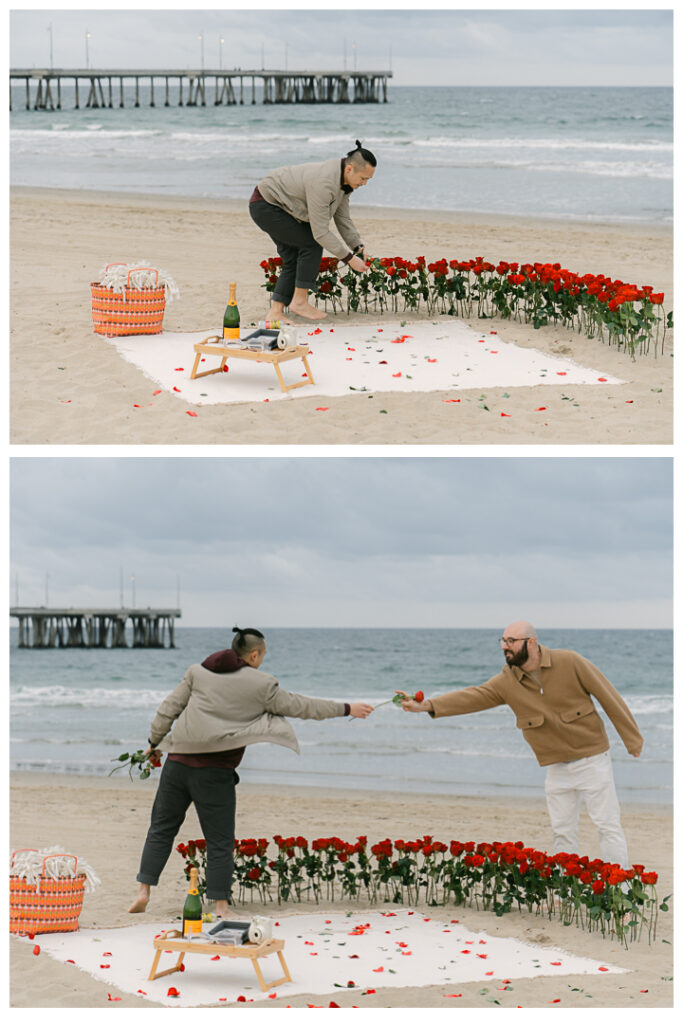 Romantic DIY beach proposal setup with red roses at Venice Beach, California.