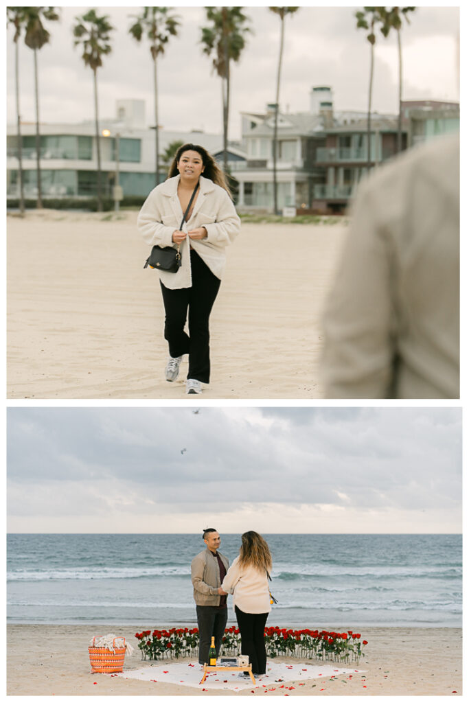 Romantic DIY beach proposal setup with red roses at Venice Beach, California.