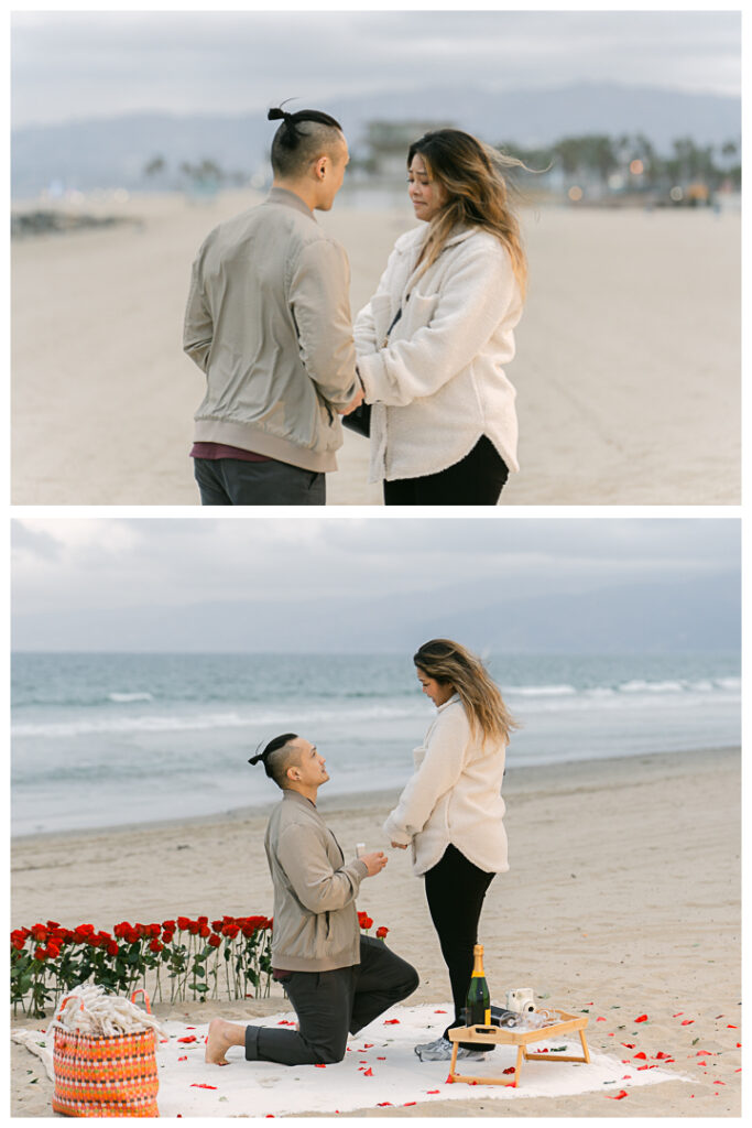 Romantic DIY beach proposal setup with red roses at Venice Beach, California.