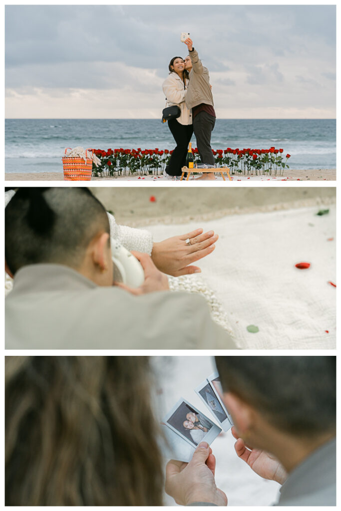 Romantic DIY beach proposal setup with red roses at Venice Beach, California.