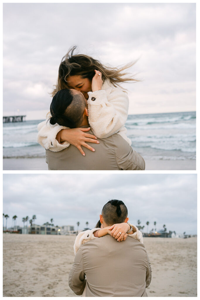 Romantic DIY beach proposal setup with red roses at Venice Beach, California.