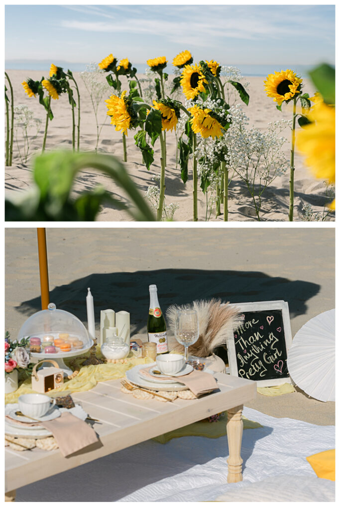 A couple embraces at their beach picnic proposal in Hermosa Beach, Los Angeles.