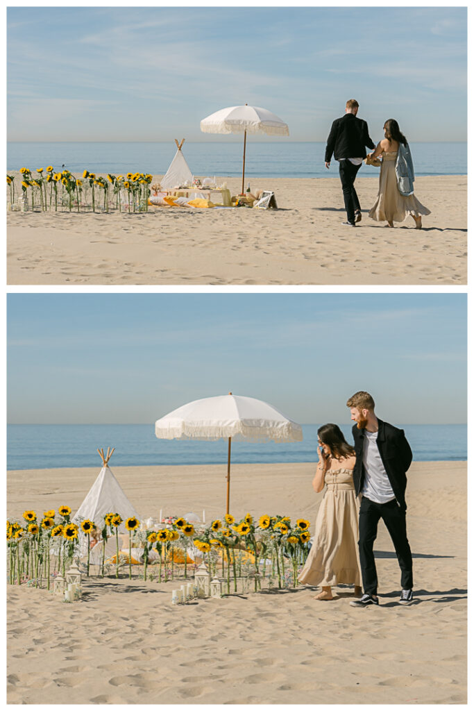 Engaged couple celebrating their proposal by the ocean in Los Angeles.