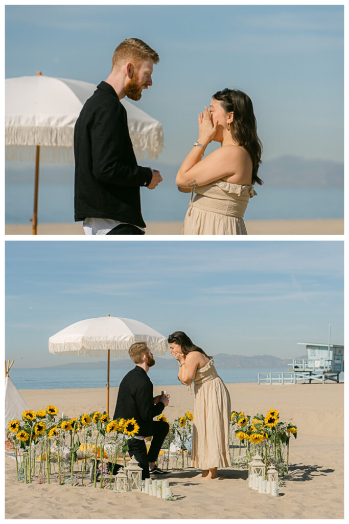 A couple embraces at their beach picnic proposal in Hermosa Beach, Los Angeles.