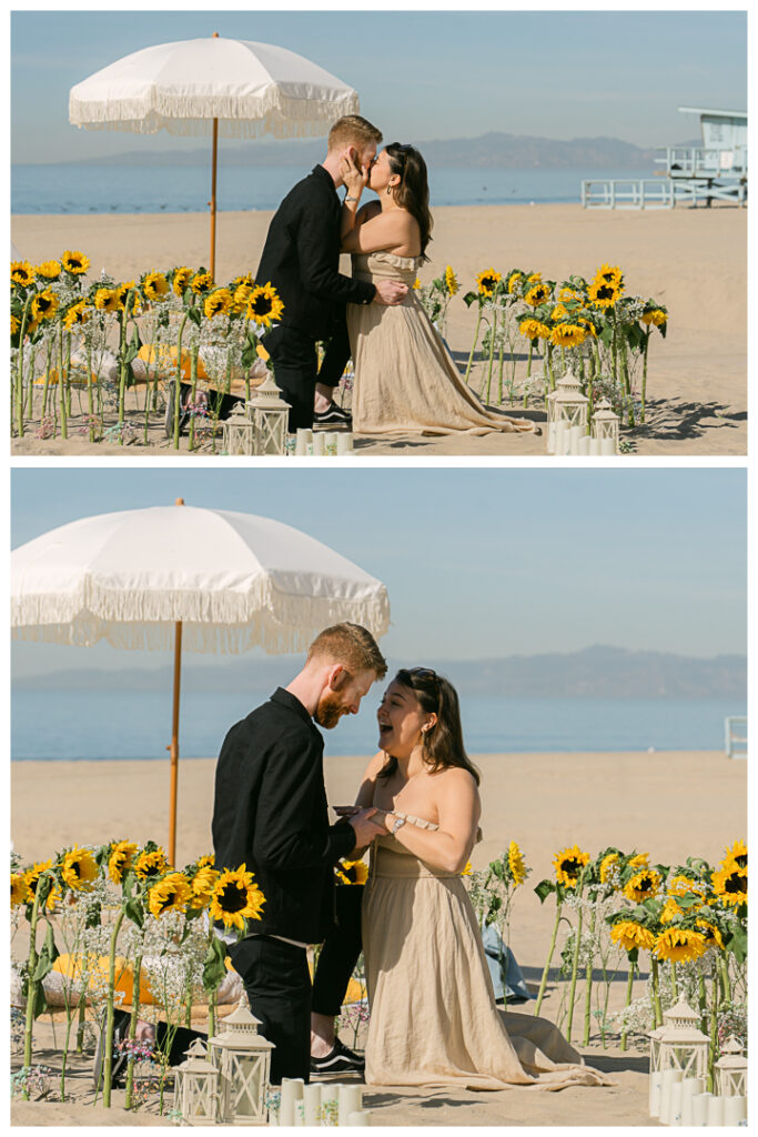 A couple embraces at their beach picnic proposal in Hermosa Beach, Los Angeles.