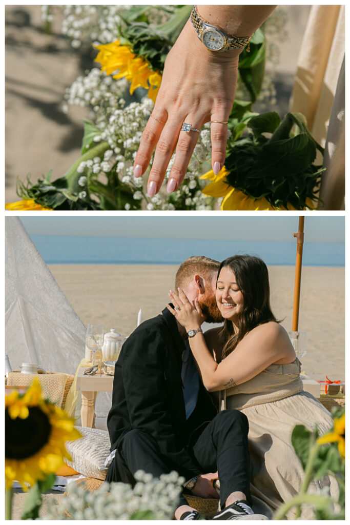 A couple embraces at their beach picnic proposal in Hermosa Beach, Los Angeles.