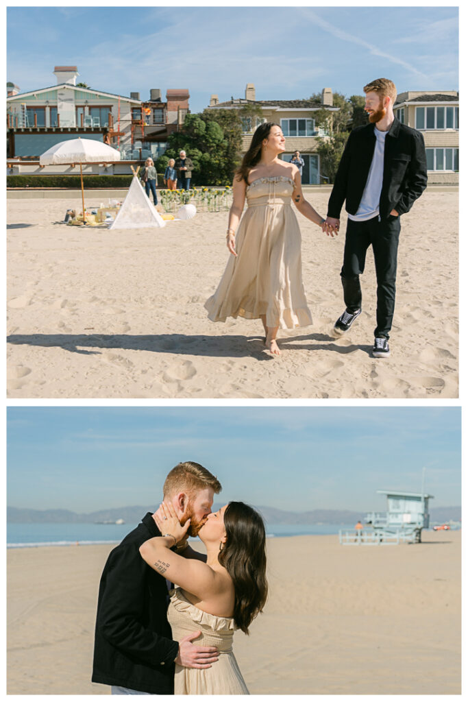 A couple embraces at their beach picnic proposal in Hermosa Beach, Los Angeles.