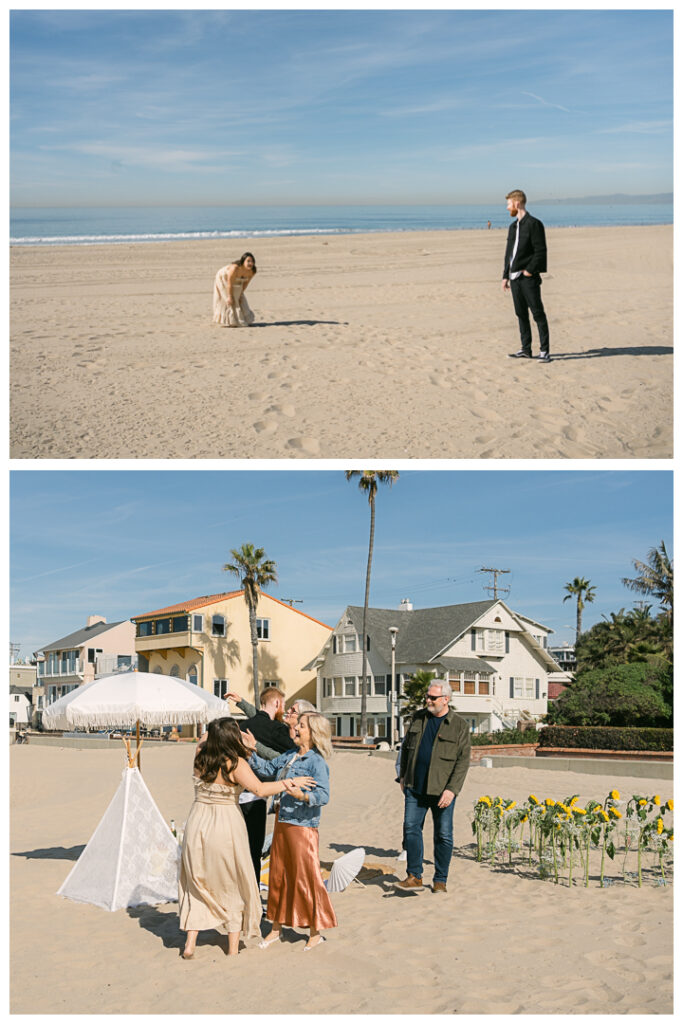 A couple embraces at their beach picnic proposal in Hermosa Beach, Los Angeles.