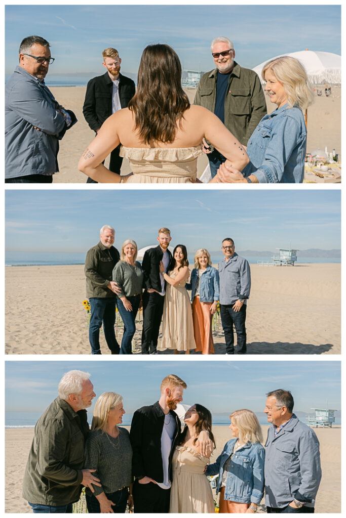 A couple embraces at their beach picnic proposal in Hermosa Beach, Los Angeles.