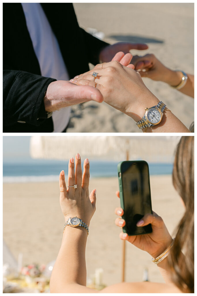 A couple embraces at their beach picnic proposal in Hermosa Beach, Los Angeles.