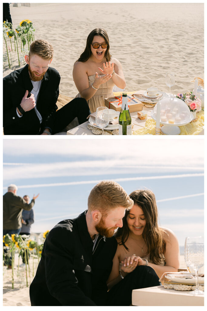 A couple embraces at their beach picnic proposal in Hermosa Beach, Los Angeles.