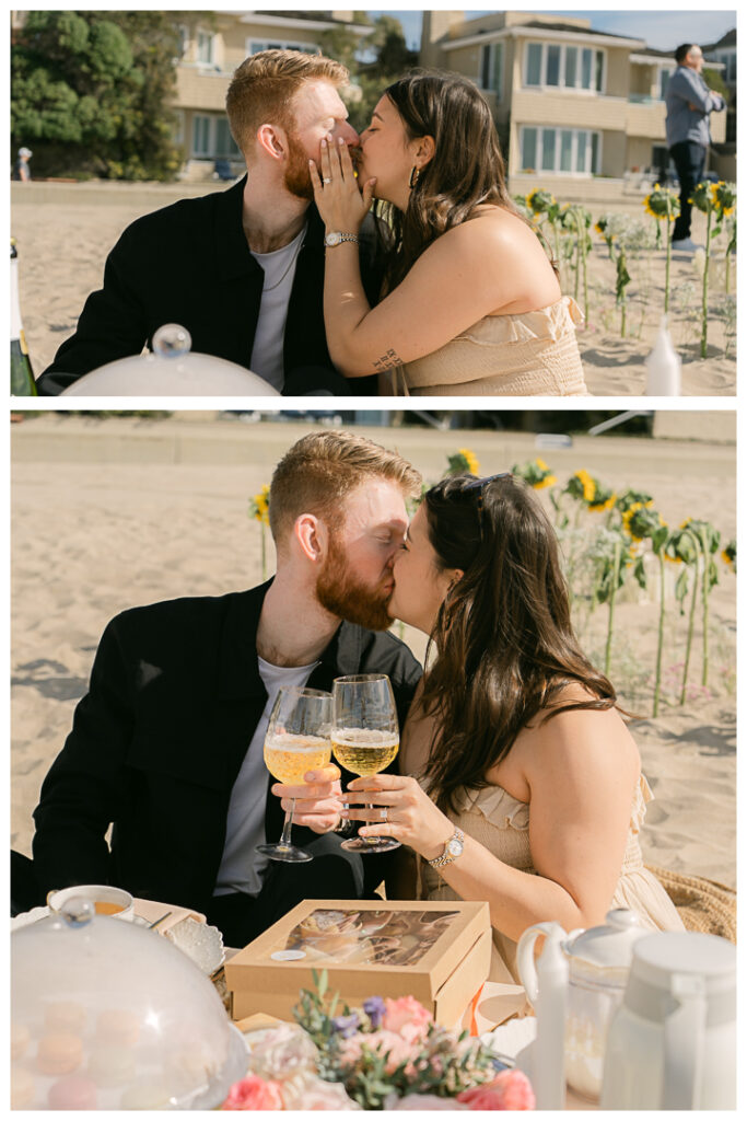 A couple embraces at their beach picnic proposal in Hermosa Beach, Los Angeles.