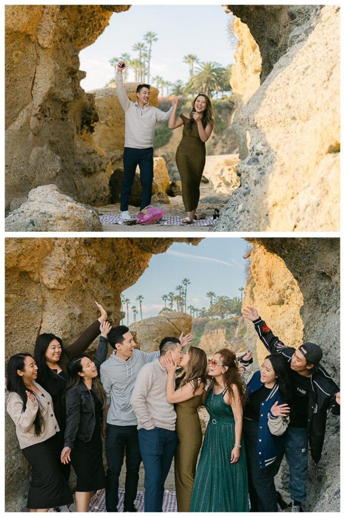 Romantic beach proposal at Treasure Island Beach Cave in Laguna Beach, California.