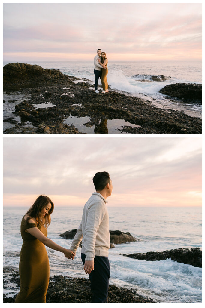 Romantic beach proposal at Treasure Island Beach Cave in Laguna Beach, California.