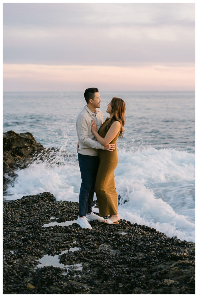 Romantic beach proposal at Treasure Island Beach Cave in Laguna Beach, California.