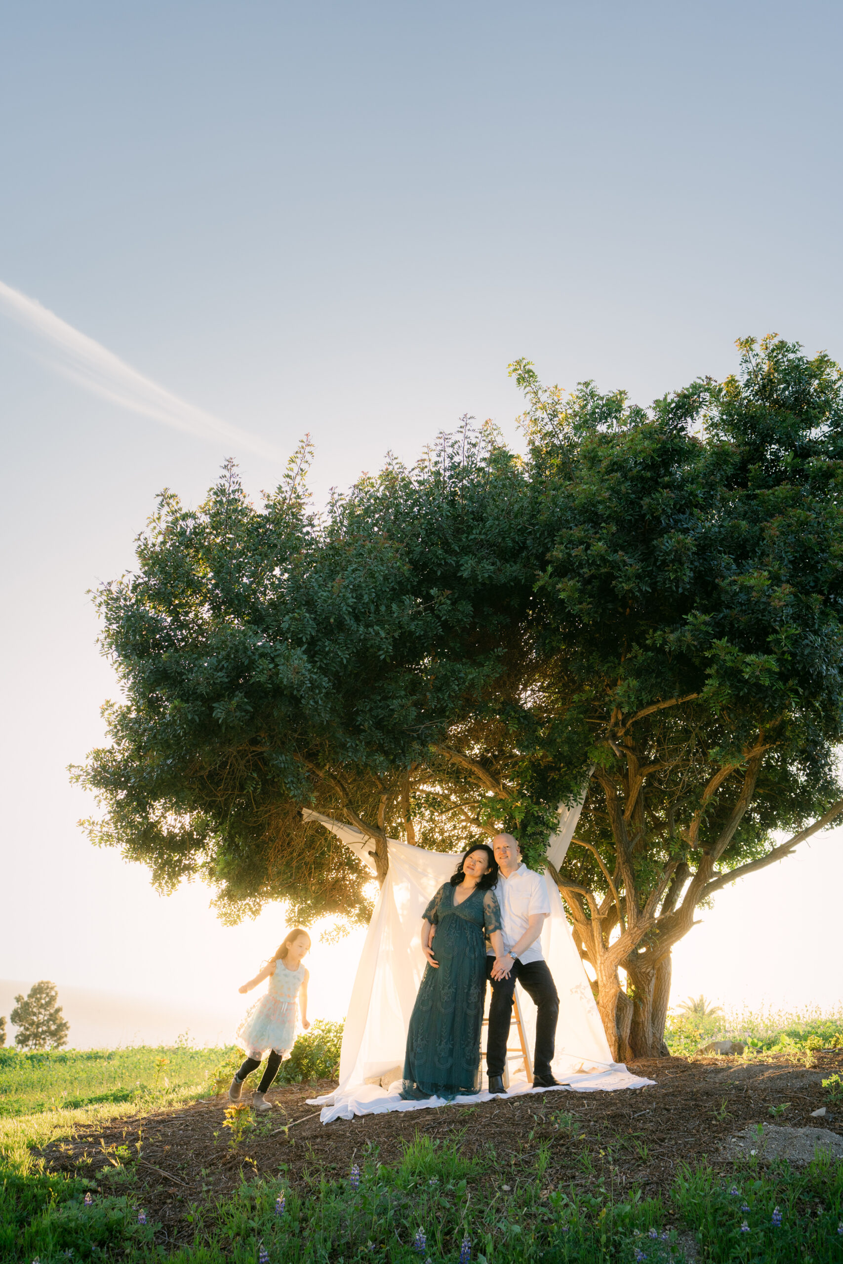 Maternity and family photos in Palos Verdes park with wildflowers and windy hills, featuring mom and daughter embracing