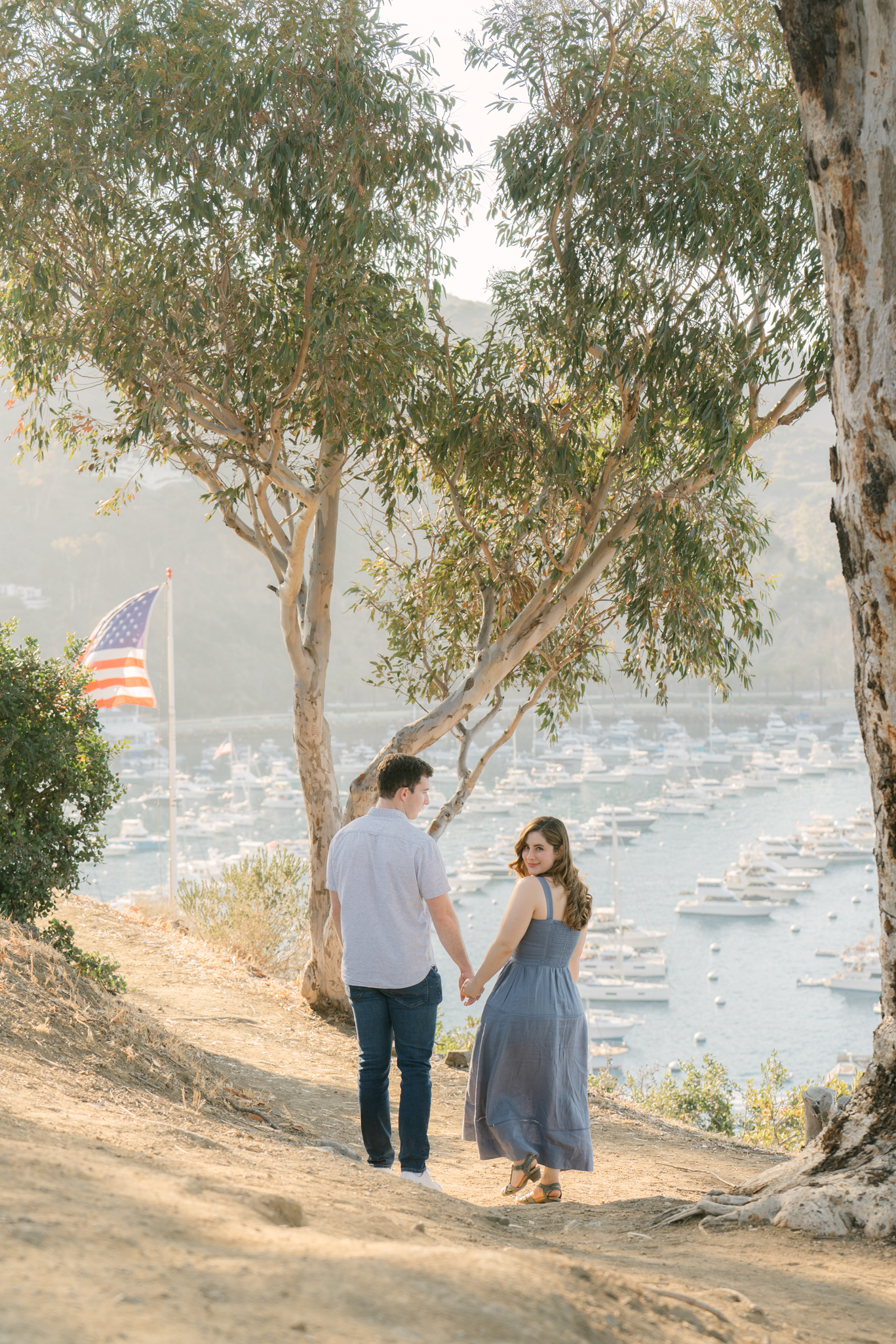 Intimate close-up engagement photo on Catalina Island with ocean backdrop
